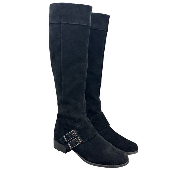Calvin Klein Black Suede Tall Knee High Riding Buckle Side Zip Boots Women 6.5 - Picture 1 of 8